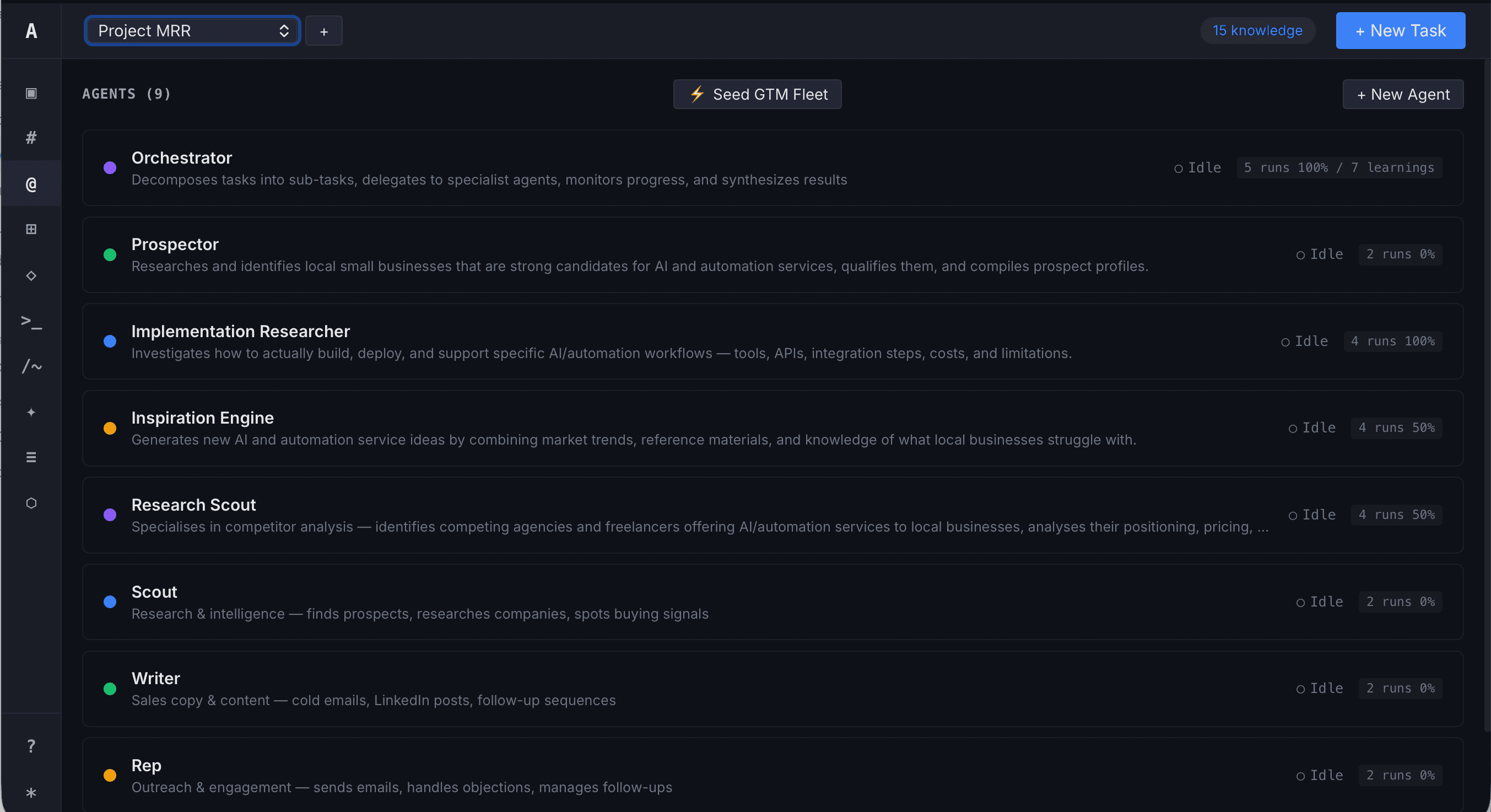 Agent fleet panel showing 9 AI agents with roles, run counts, and learning stats