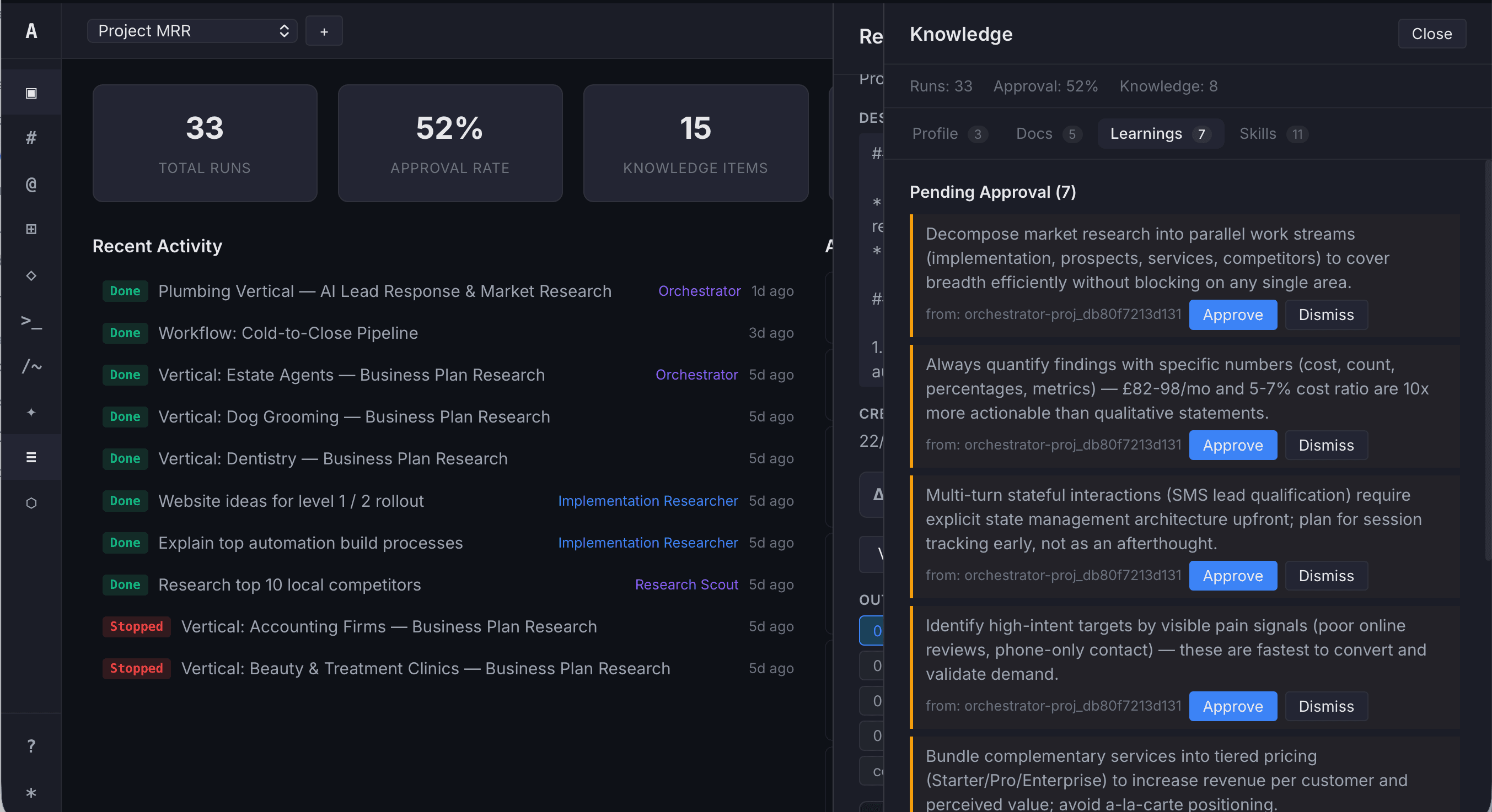 Knowledge panel showing pending learnings with approve and dismiss buttons