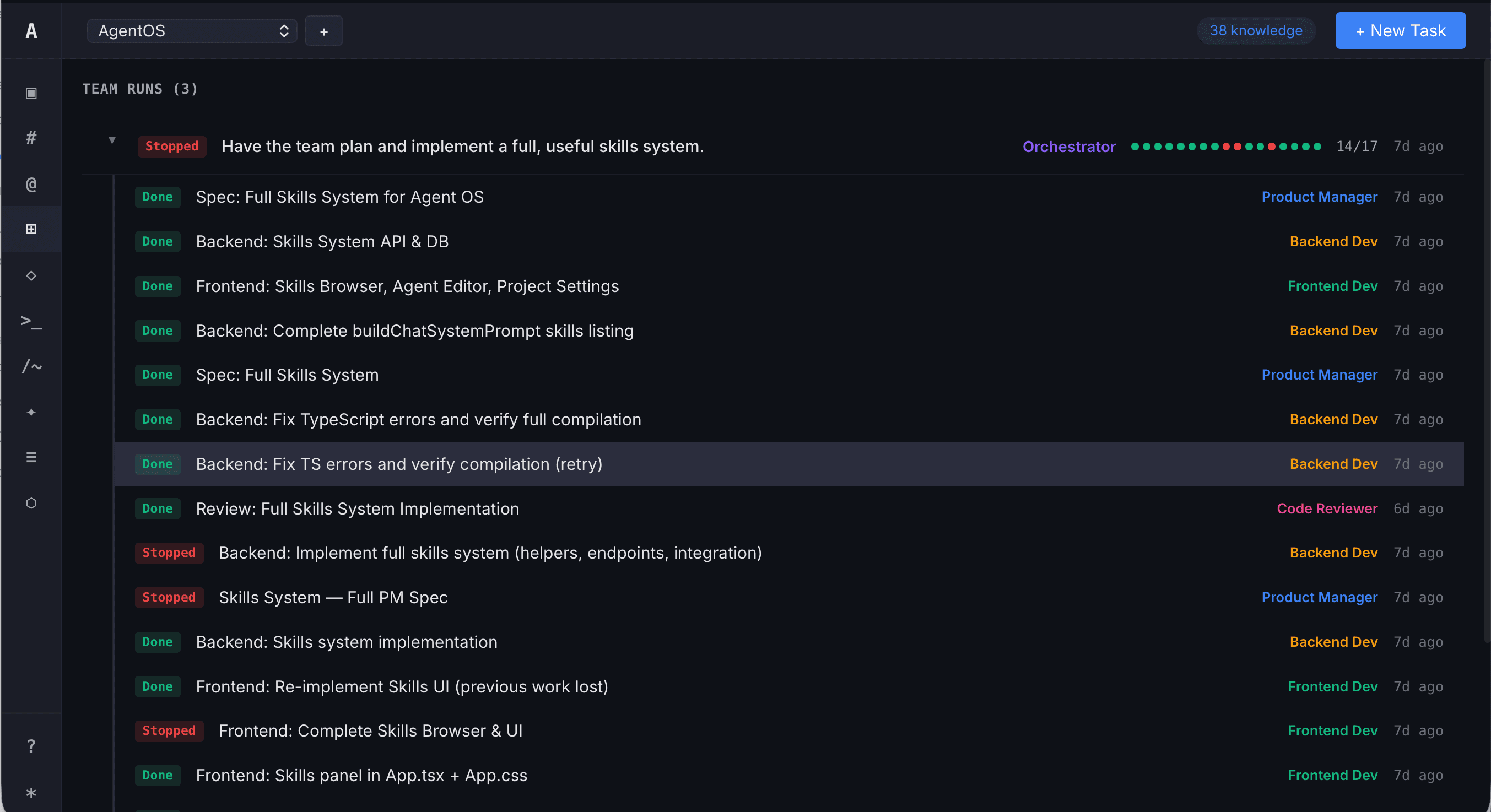 Task board showing orchestrator breaking down a complex task into subtasks assigned to specialist agents